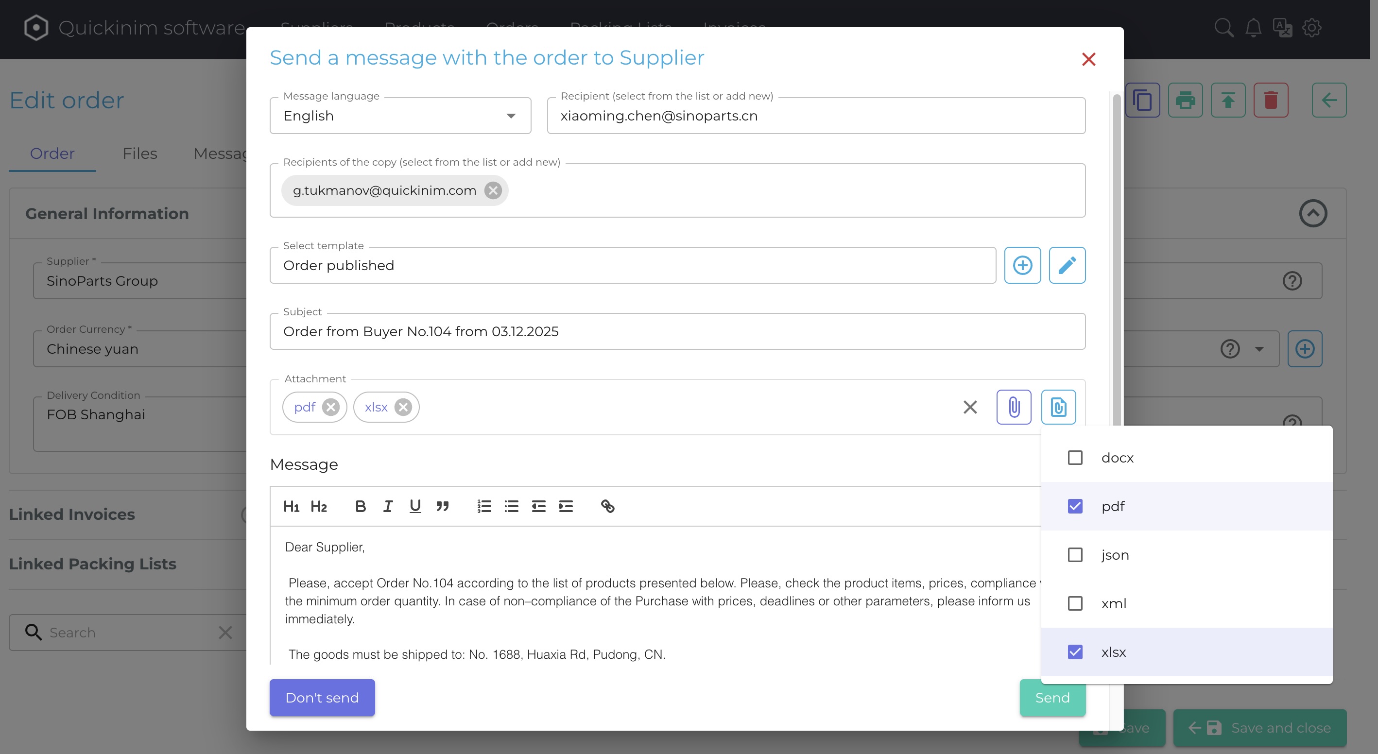 Order email to supplier