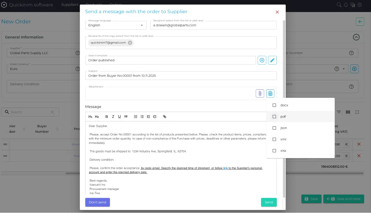Order message to supplier